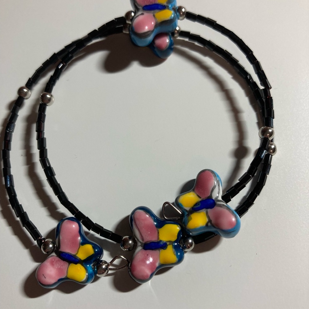 Handmade Black & Orange Butterfly Beaded Wrap Bracelet, Sparkly